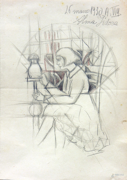 Disegno futurista raffigurante ragazza seduta, matite su carta, cm 18x25, firmato e datato.