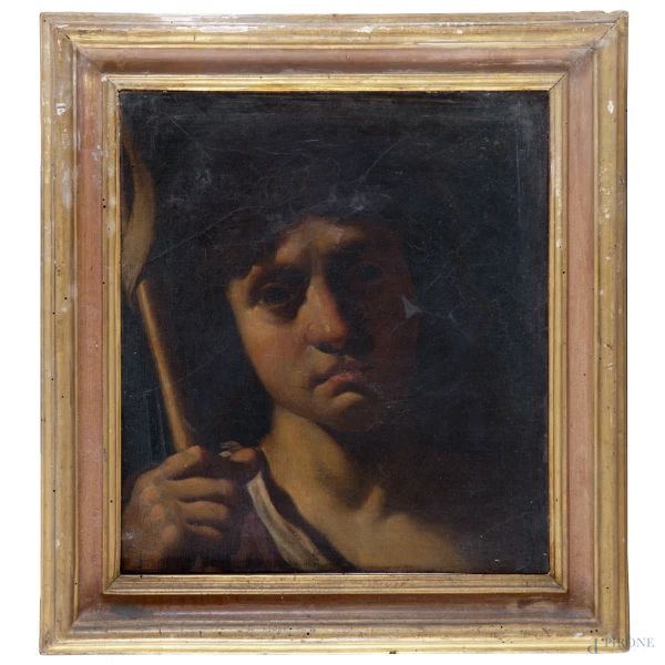 Ritratto di giovane (San Giovanni), olio su tela, XVIII secolo, cm 48x42,5, entro cornice (segni di battitura, abrasioni, restauri, sollevamenti di colore)