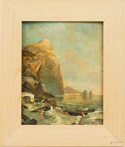 I Faraglioni di Capri visti da Marina Piccola, olio su tavola, cm 25x20, firmato, entro cornice.
