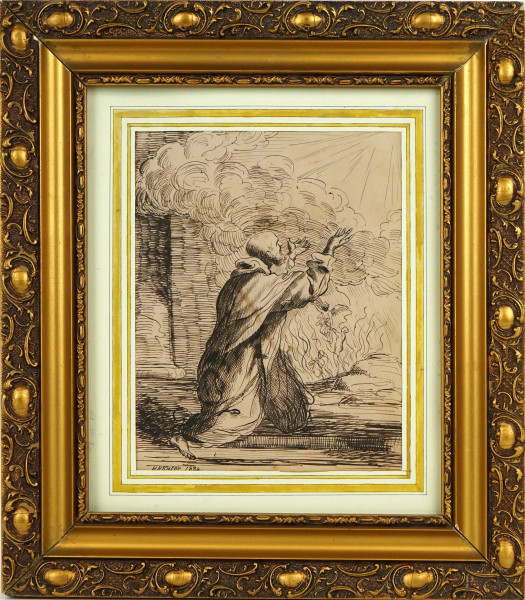 Studio per figura di Santo, inchiostro su carta, cm 22x17,5, firmato e datato in basso a sinistra, entro cornice