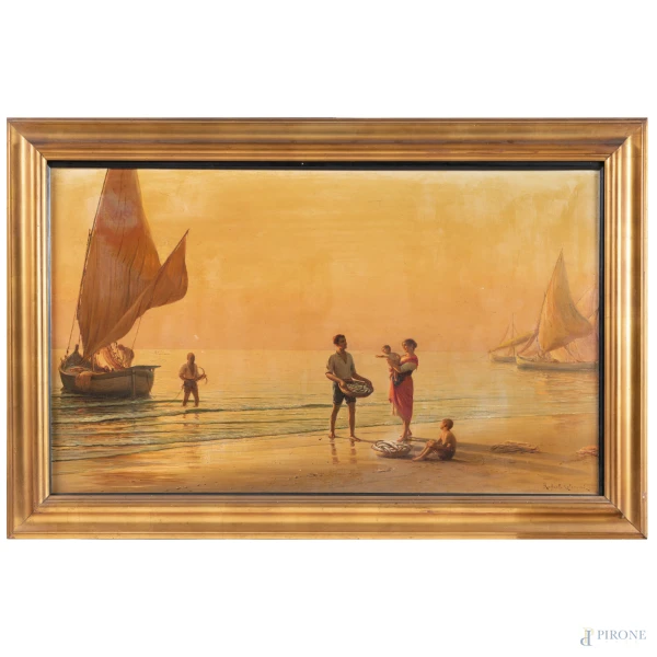 Raffaello Celomni (1883-1957), Il ritorno del pescatore, olio su tela, cm 60x100, firmato in basso a destra, entro cornice