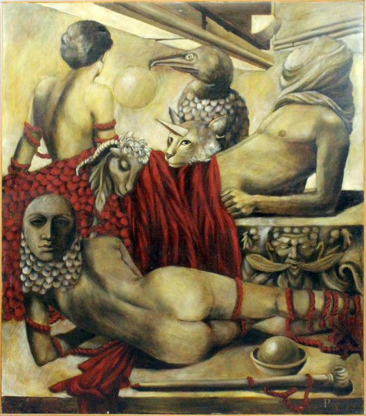 Artista surrealista, Interno con figure e animali, olio su tela, cm 110x95, XX secolo