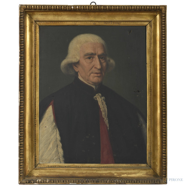 Ritratto di magistrato, XIX secolo, olio su tela, cm 62x49, entro cornice, (piccole cadute di colore, tracce di umidità, lacerazioni)