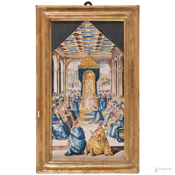 Placca in maiolica dipinta e smaltata raffigurante Pontefice in udienza, XVII secolo, misure comprensive di cornice cm 61x38