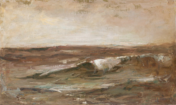 Marina, XX secolo, olio su tela, cm 33,5x55,5, firmato in basso a sinistra, (lievi abrasioni della superficie)