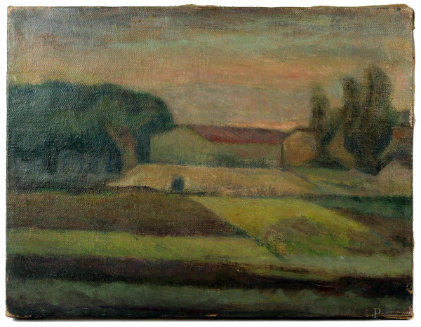 Casolare di campagna, olio su tela, cm 30,5x40, XX secolo, (difetti alla tela).