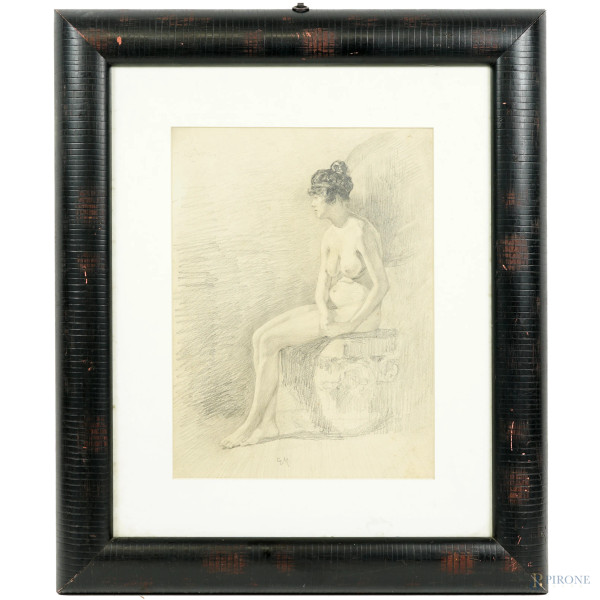 Giuseppe Micali (Messina 1860 – Roma 1944), Nudo di donna seduta, matita su carta, cm 32x23,5, siglato e datato in alto a sinistra, entro cornice