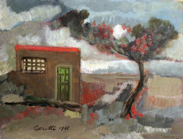 Paesaggio con casa ed albero, olio su truciolato, cm 30 x 40.