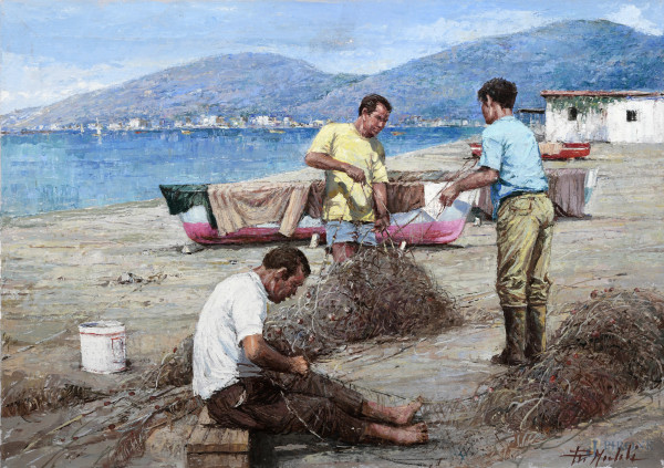 Pescatori, XX secolo, olio su tela, cm 50x70, firmato in basso a destra, (lievi segni di usura)