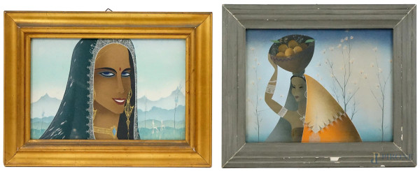 Pino Melis - Lotto di due tecniche miste raffiguranti donne indiane, cm 21x27,5, entro cornici