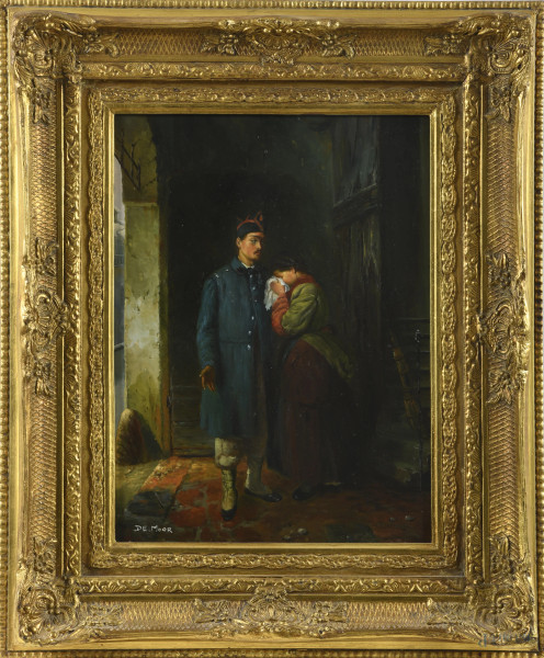 La partenza del coscritto da Gerolamo Induno, XX secolo, olio su tavola, cm 40x30, firmato in basso a sinistra, entro cornice, (segni di usura, graffi)