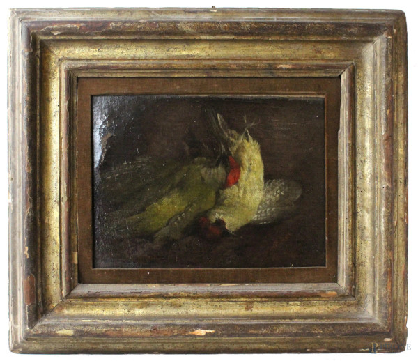 Natura morta-volatili, olio su tela, (senza telaio), cm. 21,5x29, XIX secolo, entro cornice.