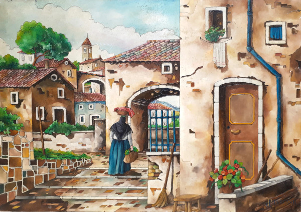 Angelo Mancuso (XX sec.), Scorcio di paese, olio con bordi a rilievo su tavola, cm 50x70, firmato, timbro Decorart Studio e autentica al retro