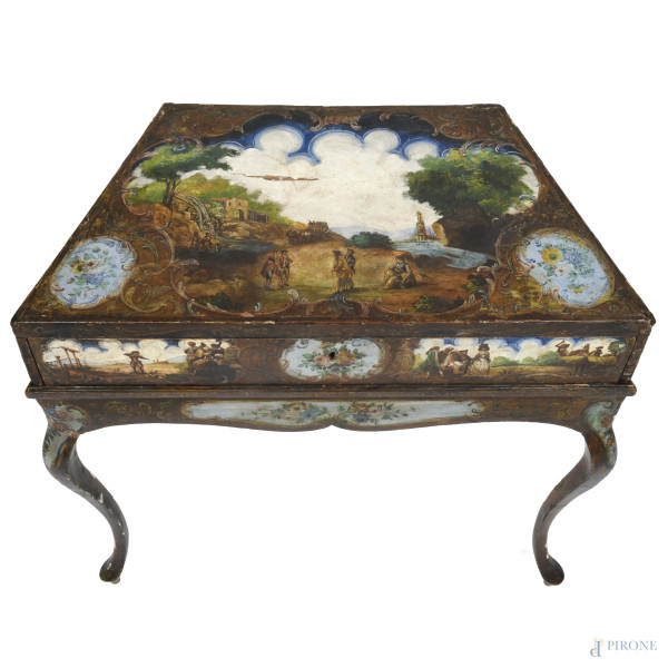 Salterio in legno riccamente dipinto con scene di genere, paesaggio e composizioni floreali, XVII...