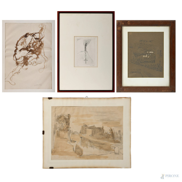 Lotto di quattro disegni a tecnica mista su carta e una litografia, XX secolo, misure massime cm 23x33, (difetti)
