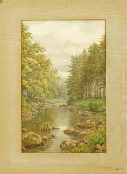 Ruscello nel bosco, XX secolo, acquerello su carta applicata su cartone, cm 34x21, firmato "O. Carlandi" in basso, (difetti)