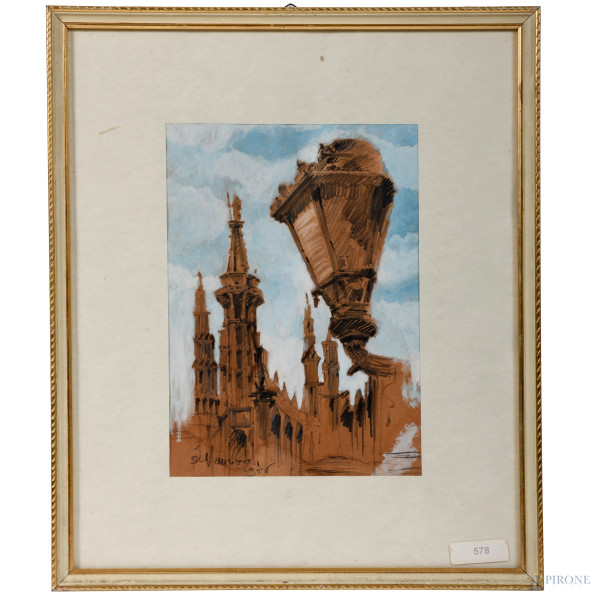Veduta del Duomo di Milano, tecnica mista su carta, cm 48x39 compreso passepartout, firmato e datato "1956" in basso a sinistra, entro cornice
