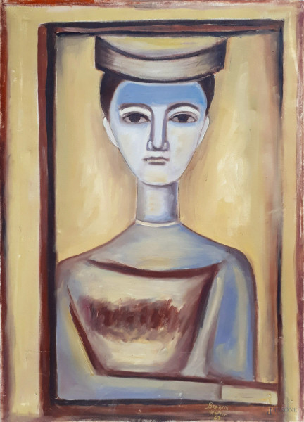 Figura femminile, olio su tela, cm. 70x50, firmato Walter Biagini, datato 1962.