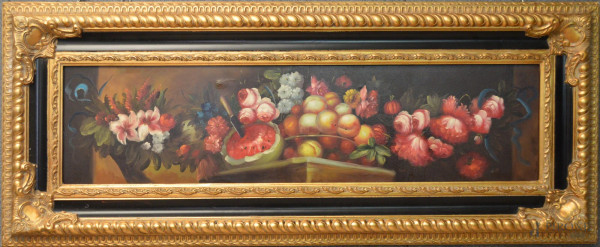 Natura morta con frutta e fiori, olio su tela 119x28 cm, entro cornice.