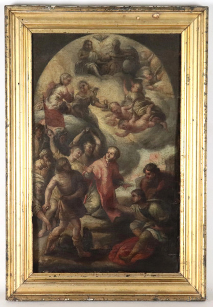 Il martirio di Santo Stefano, XVIII secolo, olio su tela, cm 65x42, entro cornice, (segni di usura, abrasioni, sollevamenti di colore, craquelure, assenza di telaio)