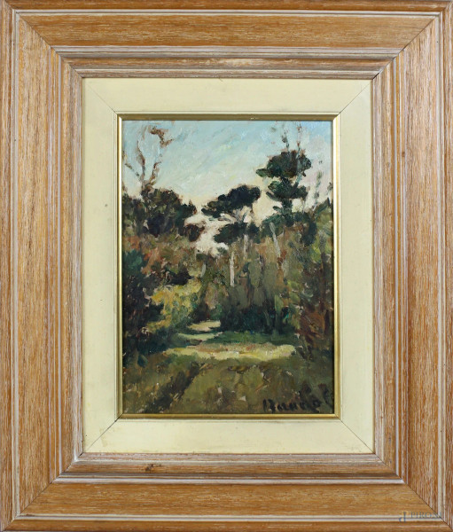 Paesaggio con alberi, olio su cartone, cm. 22x16, firmato Renzo Bandoli, entro cornice.
