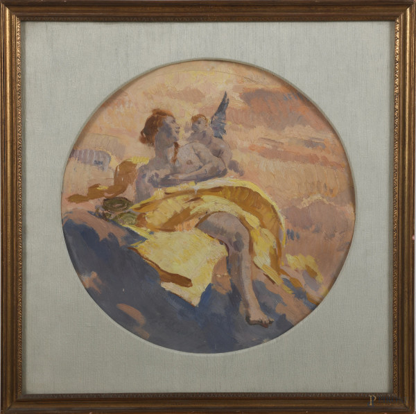 Venere e Amore, XX secolo, olio su cartone, cm 40x40 compreso passepartout, entro cornice, (segni di usura, cartone ondulato)