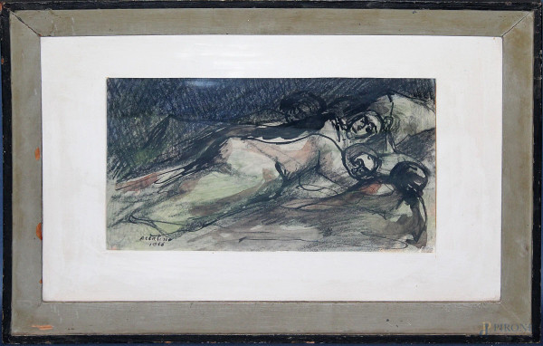 Enrico Accatino - Le miserie, tecnica mista su cartoncino 18x32 cm, datato 1946,entro cornice.