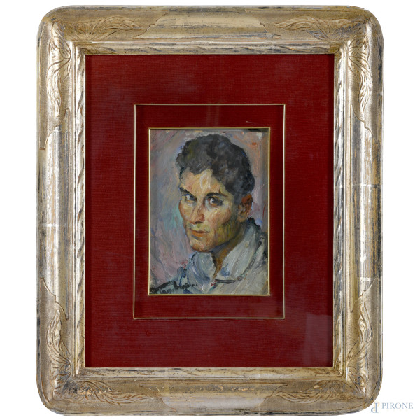 Lorenzo Tornabuoni (1934-2004), Ritratto di uomo, olio su tela applicata su cartone, cm 27x20 entro cornice, firmato in basso a sinistra