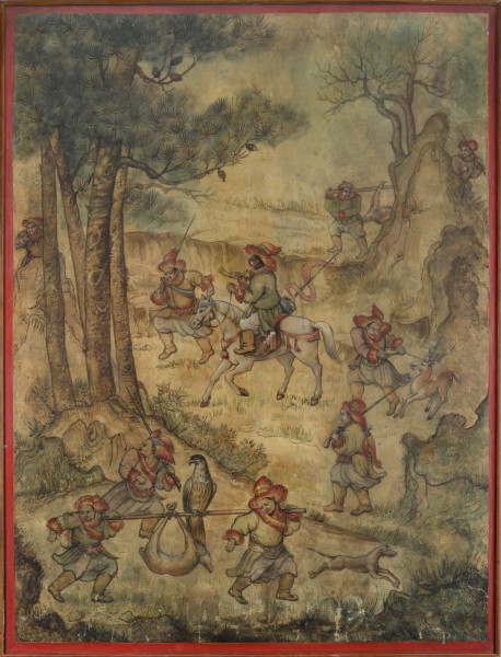 Scena di caccia orientale, XIX secolo, tecnica mista su carta applicata su tela, cm 134x101, entro cornice (segni di usura, tracce di umidità, gore, bruniture, tracce di piegatura, increspature, lacerazioni, fori di tarlo della carta)