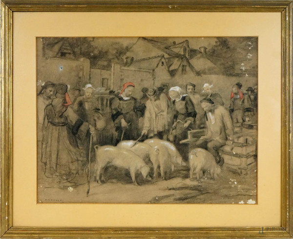 Il mercato di maiali, tecnica mista su carta, cm 35x46,5, firmato, entro cornice.