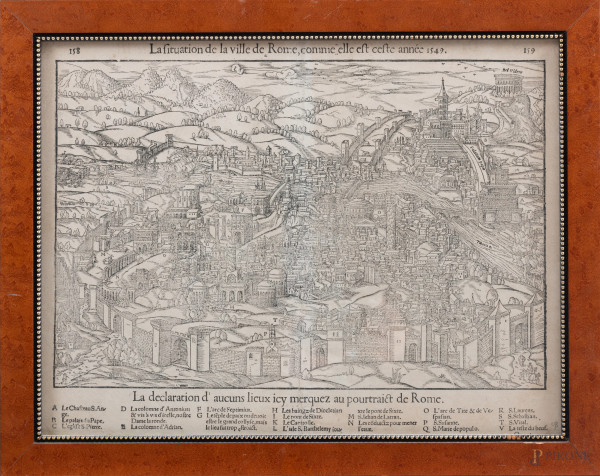 Stampa raffigurante Veduta della Città di Roma nel 1549, XIX secolo, cm 28,5x37,5, entro cornice, (segni di usura, bruniture, segni di piegatura, foxing)