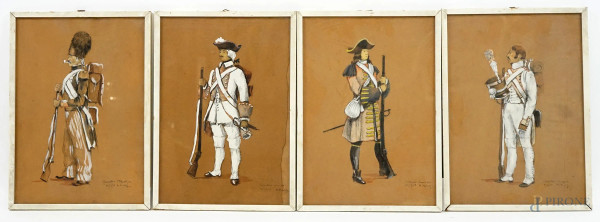 Soldati della fanteria francese del XVIII secolo, quattro dipinti a tempera su carta, cm 33,5x23,5, firmate e datate, entro cornici, (difetti)