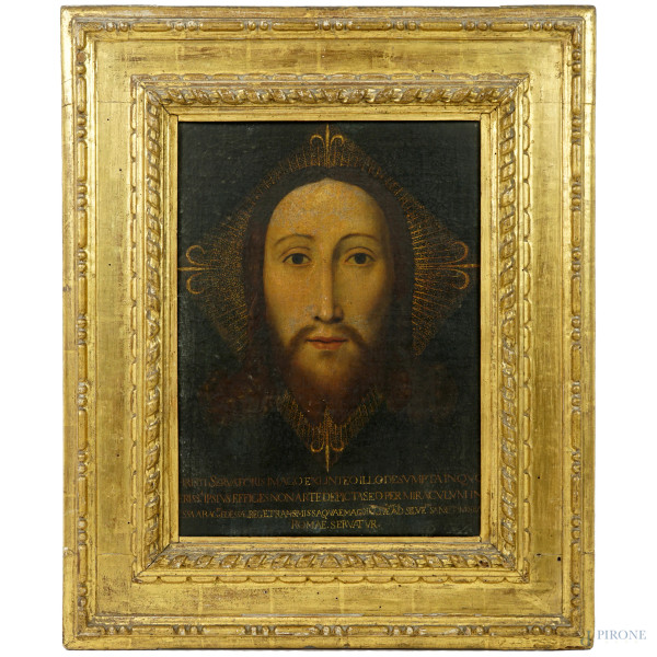 Pittore della fine del XVIII secolo, Volto Santo - Mandylion, olio su tela, cm 41,8x33, entro cornice, (difetti)