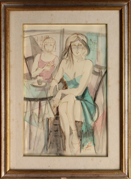 Marcello Gallese - Figura al bar, acquarello su carta, 58x38 cm, entro cornice.