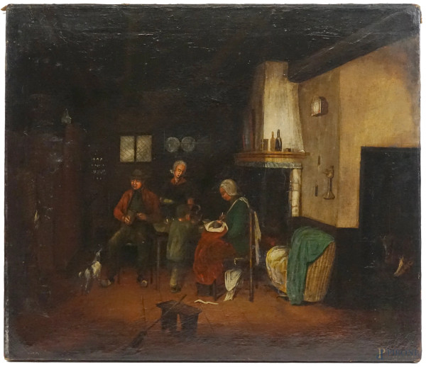 Pittore fiammingo del XIX secolo, scena di interno, olio su tela, cm 51x59.5
