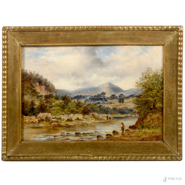 Al torrente, XIX-XX secolo, olio su tela, firmato in basso a destra, entro cornice, (difetti)