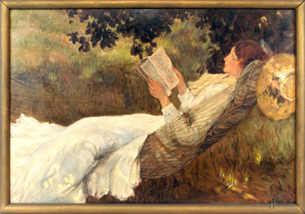 Copia da Emanuel Phillips Fox (1865-11915), A love story, olio su compensato, cm 55x80, firmato, entro cornice.