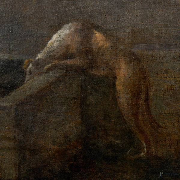 Eliezer e Rebecca al pozzo, olio su tela, XVII secolo, cm 95x130, (difetti)