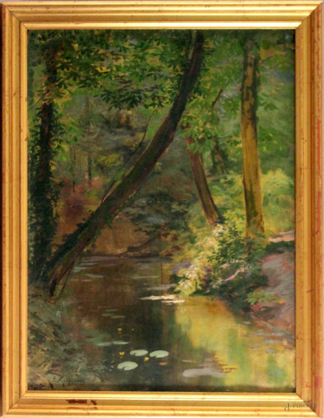 Paesaggio boschivo con torrente, olio su tela, cm. 61x47, firmato Gignous, entro cornice.
