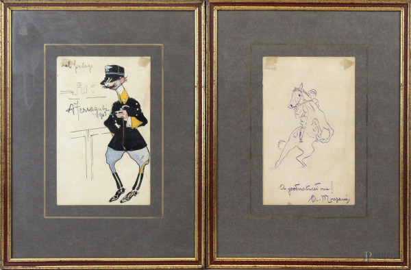 Lotto di due tecniche miste su carta raffiguranti  caricatura di ufficiale nel pesage e fantino a cavallo, misure max cm 18,5x11,7, firmati, entro cornici, (macchie).