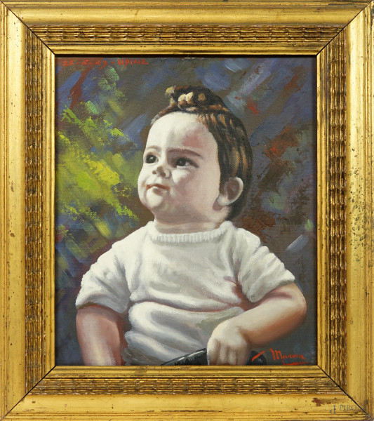 Ritratto di bambino, olio su cartone telato, cm 35x29,5, firmato M. Maran, entro cornice