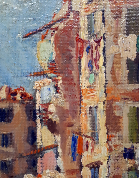 P: Bernini (XX sec.) Scorcio di Livorno, 1948, olio su faesite, cm 40x20, firmato, titolo e anno ...