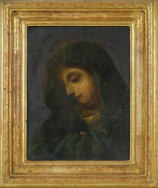 Carlo Dolci (1616-1686) Seguace di, Madonna del dito, olio su rame, cm 24x18, entro cornice