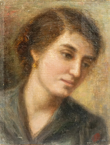 Ritratto di donna, olio su tela applicata su tavola, cm 24,5x19, siglato