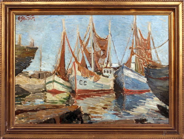 Marina con barche, olio su tela, cm 50x70, firmato, entro cornice, (difetti sulla tela).
