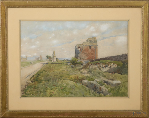 Veduta della via Appia, tecnica mista su carta, cm 48x64 compreso passepartout, firmato e iscritto Roma in basso a sinistra, entro cornice, (lievi ondulazioni della carta)