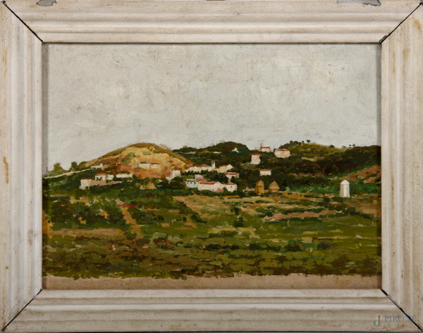 Emilio Zocchi (1835-1913), Montenero. Livorno, olio su cartone, cm 24x31,5, entro cornice, (difetti)