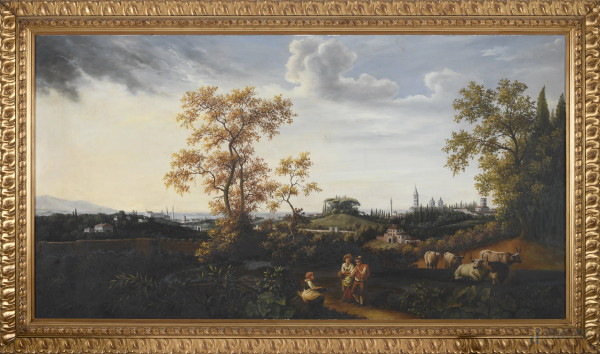 Paesaggio con pastori e armenti, olio su tela, XX secolo, cm 81x150, entro cornice, (piccola lacerazione al centro tela)