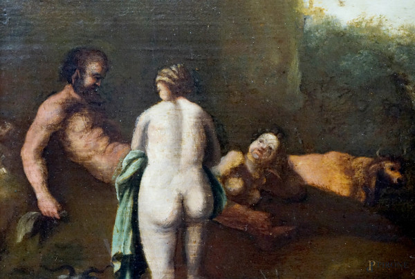Seguace di Cornelis van Poelenburgh (Utrecht 1590 - 1667), Paesaggio con fauni e ninfe, olio su t...