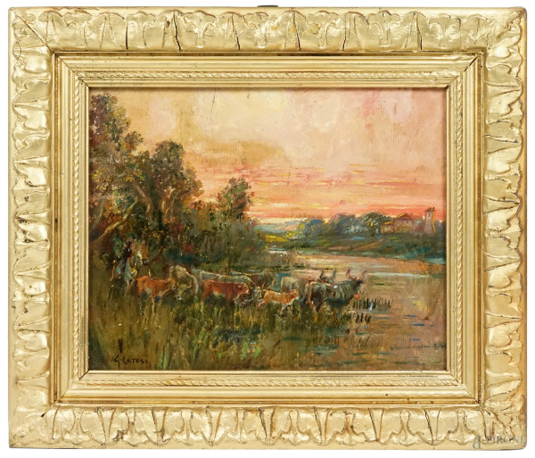 Paesaggio con butteri, olio su compensato, firmato, cm 24,5x30, entro cornice